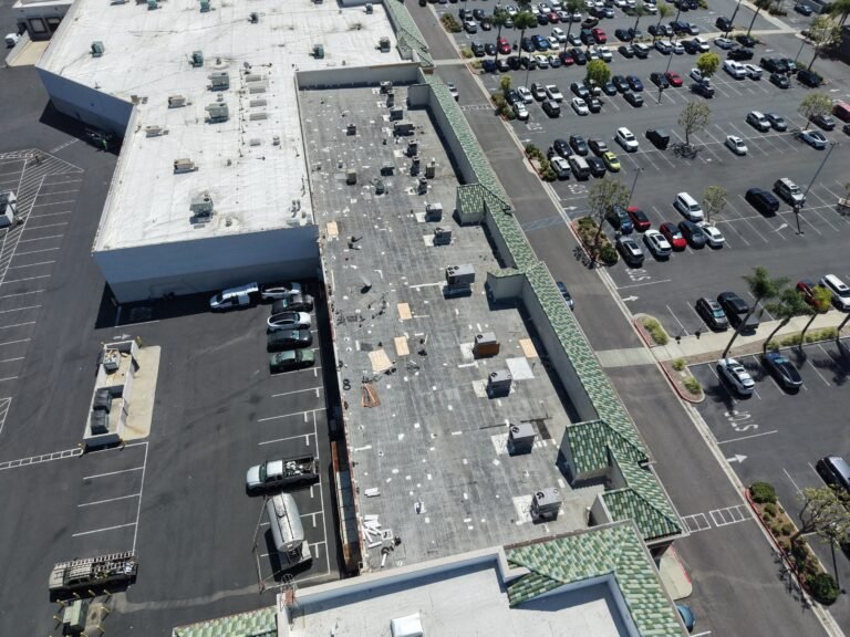 Commercial roofing company project Southern California shopping center rooftop