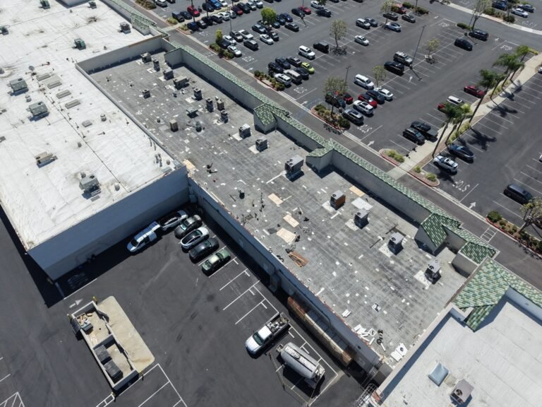 Commercial roofing project at Southern California shopping center.