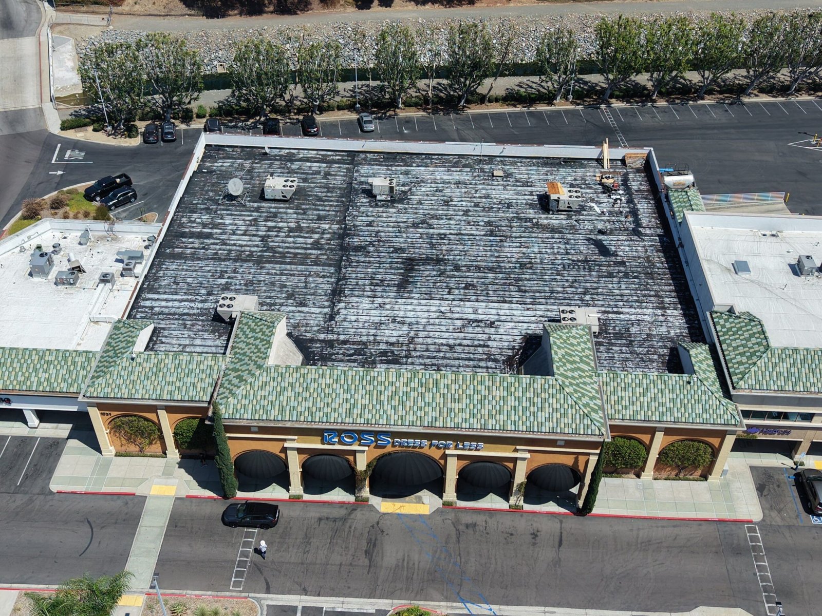 Aerial view Ross Dress 4 Less store rooftop Southern California