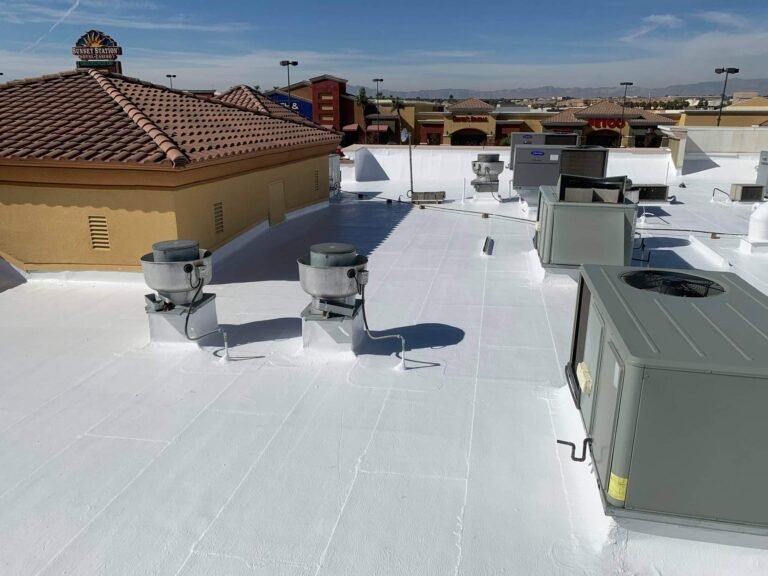 Commercial rooftop with HVAC units in Southern California marketplace