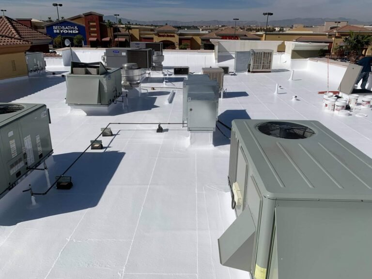 Commercial rooftop with HVAC units in Southern California marketplace