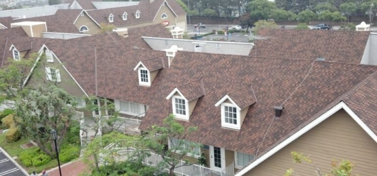 Brown shingle roofing on residential buildings in Southern California.