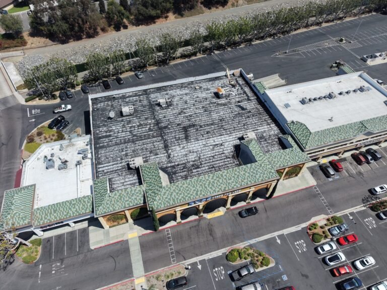 Aerial view commercial roofing Ross Dress 4 Less store.