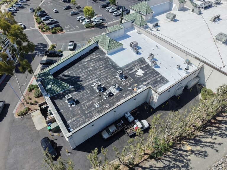 Commercial building roof Southern California aerial view parking lot